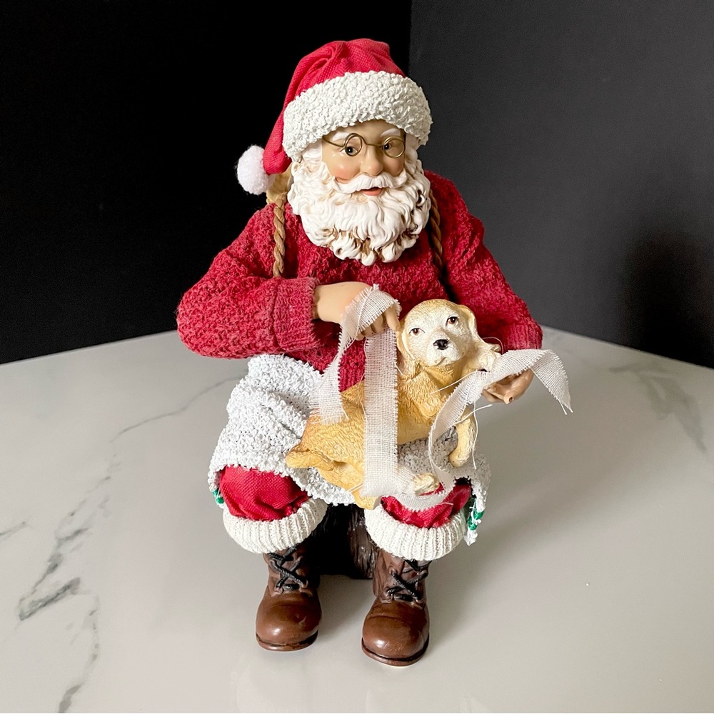 Santa Sitting on Stump with Puppies - Clothtique Possible Dreams by Dept. 56